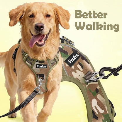 Funfox Dog Harness No Pull, Adjustable Pet Vest Harness, Super Soft Material with Vertical Handle Easy Control, Reflective Night Walking, 2 Leash Clips for Large Dogs, Camo Green, L