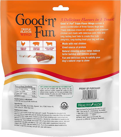 GOOD 'N' FUN Triple Flavor Wings, 24 Ounces, Rawhide Snack for All Dogs Made with Real Chicken, Pork Hide and Beef Hide