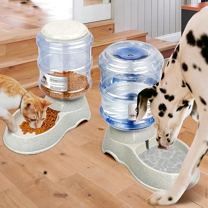 KORIMEFA 2 Pcs Dog Water Dispenser Food Feeder Automatic Cat Self Dispensing Waterer Feeder Set for Small Medium Pet 1 Gallon x 2 Large Capacity (Gray-1)