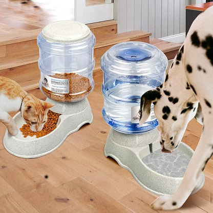 KORIMEFA 2 Pcs Dog Water Dispenser Food Feeder Automatic Cat Self Dispensing Waterer Feeder Set for Small Medium Pet 1 Gallon x 2 Large Capacity (Gray-1)
