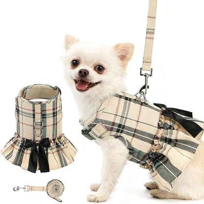 EXPAWLORER Dog Harness Small Medium Sized Dogs, Plaid Dog Dress Bowknot Harness and Leash Set, No Choke No Pull Soft Mesh Vest Cute Princess Puppy Outfits Clothes Costume for Girls Party Cats Beige M