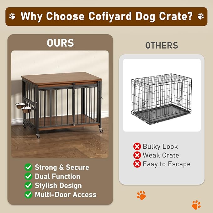 Cofiyard Dog Crate Furniture, 32’’ Wooden Dog Kennel Indoor with Sliding Front Door, Multi-Side Openings & Feeding Window Pet Cage House as TV Stand, End Table for Medium Dogs