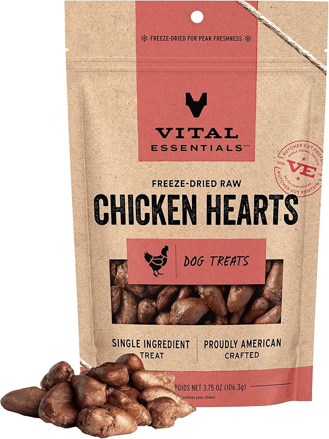 Vital Essentials Freeze Dried Raw Chicken Hearts Dog Treats | Single Ingredient | Premium Quality | Grain Free Treats for Dogs, 3.75 oz Bag