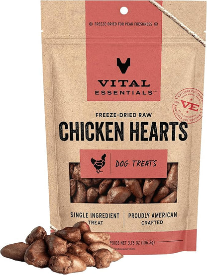 Vital Essentials Freeze Dried Raw Chicken Hearts Dog Treats | Single Ingredient | Premium Quality | Grain Free Treats for Dogs, 3.75 oz Bag