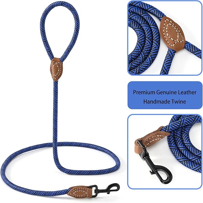 Mile High Life Rope Leash with Genuine Leather Connection, 6 FT/5 FT/4 FT, Heavy Duty Leash for Medium & Large Dogs (Blue, 72 Inch)