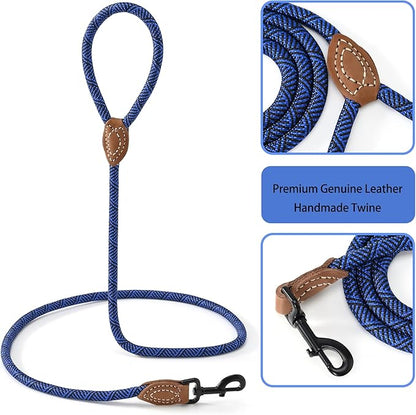 Mile High Life Rope Leash with Genuine Leather Connection, 6 FT/5 FT/4 FT, Heavy Duty Leash for Medium & Large Dogs (Blue, 60 Inch)