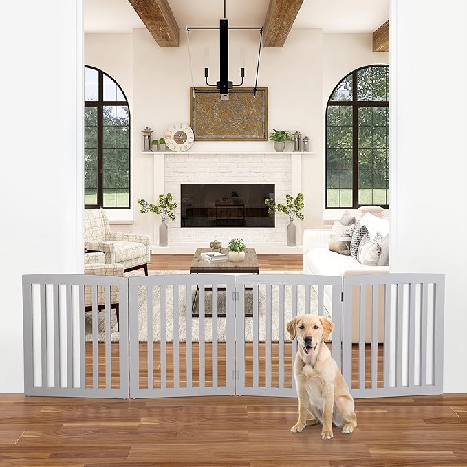 Dog Gate Pet Gate for House, Stairs, Hallways, Doorways 82x24 Inch 4 Panels Foldable Dog Fence for Indoor Extra Wide Wooden Grey