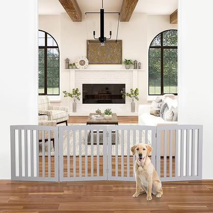Dog Gate Pet Gate for House, Stairs, Hallways, Doorways 82x24 Inch 4 Panels Foldable Dog Fence for Indoor Extra Wide Wooden Grey