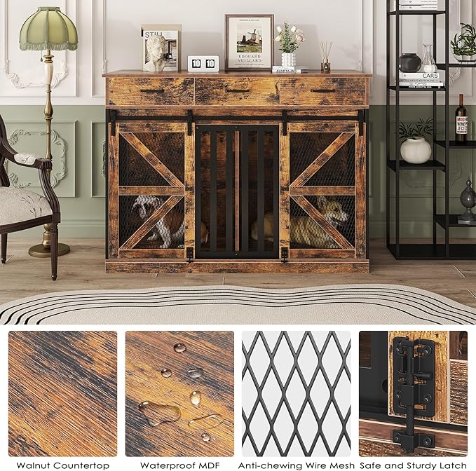 Saudism Dog Crate Furniture for Large Dog or 2 Small Dogs, Wooden Large Dog Kennel with 3 Storage Drawers and 2 Sliding Doors, Decorative Dog Cage TV Stand with Removable Divider, Classic Brown