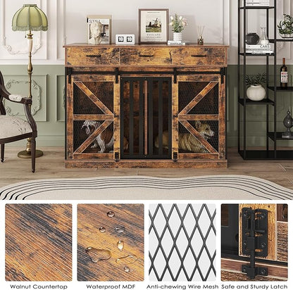 Saudism Dog Crate Furniture for Large Dog or 2 Small Dogs, Wooden Large Dog Kennel with 3 Storage Drawers and 2 Sliding Doors, Decorative Dog Cage TV Stand with Removable Divider, Classic Brown