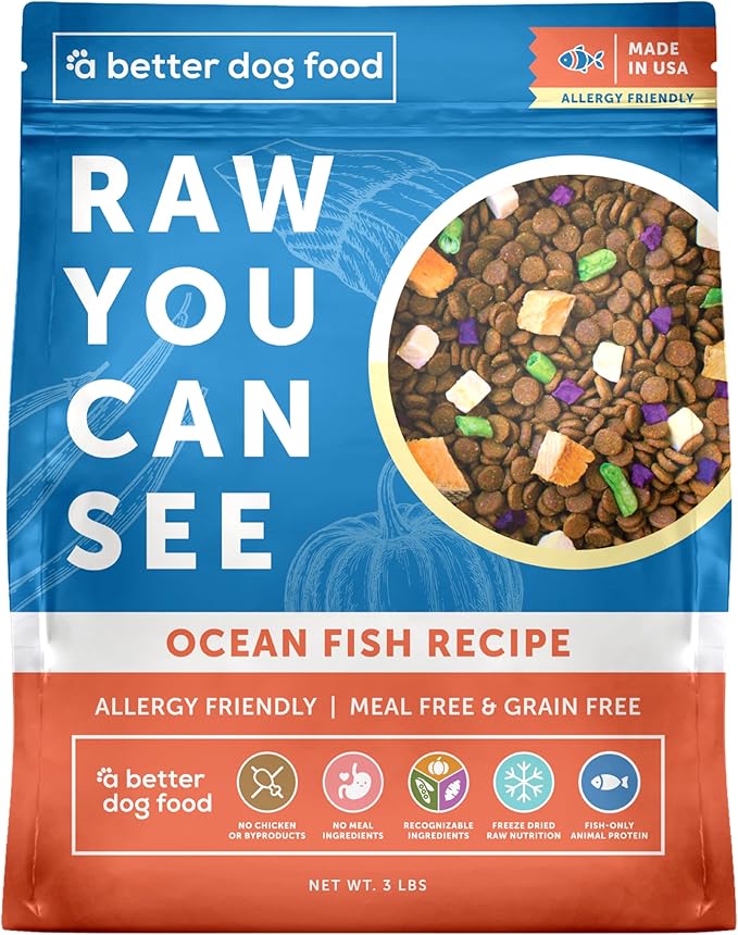 A Better Treat | Allergy Friendly Ocean Blend Dry Dog Food | Raw You Can See | No Chicken, No Grain, No Meal Ingredients | Fish Only Animal Protein |Stomach Soothing Kibble + Freeze Dried Raw Dog Food