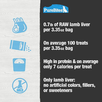 PureBites Lamb Liver Freeze Dried Dog Treats, 1 Ingredient, Made in USA, 3.35oz