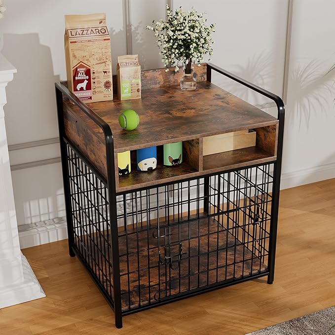 Kepptory Small Dog Crate Furniture with Drawers Storage, Puppy Dog Kennel Indoor with Double Doors, Heavy Duty Wooden Dog Cage Table, Sturdy Metal, Rustic Brown