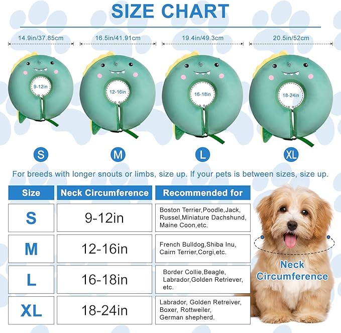 Dog Cone Inflatable Widen Dog Neck Donut Collar, Soft Cone Alternative After Surgery for Large Medium Small Dogs to Stop Licking, Dinosaur, Medium