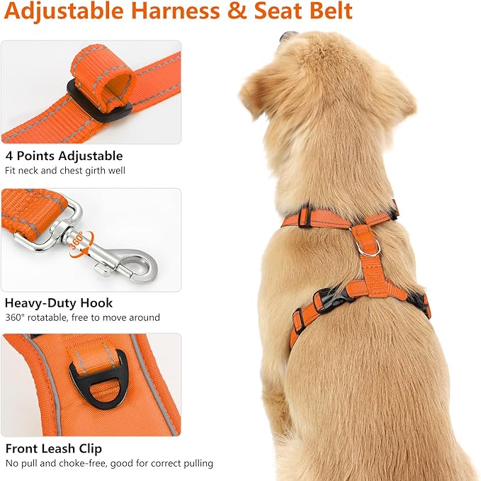 VavoPaw Dog Seat Belt Harness for Car, Dog Car Harness Adjustable Mesh Breathable & Dogs Seatbelt Safety Tether with Elastic Bungee for Small Medium Large Pets(Orange, S)