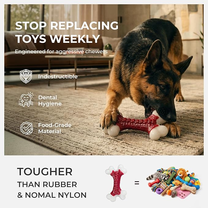 Kseroo Indestructible Dog Toys for Aggressive Chewers: Beef Flavored Hard Nylon Bone Chew Toys, Tough Dog Chew Toys for Large Dogs, Dog Toys to Keep Them Busy for Medium Large Breed (20-80 lbs), Red