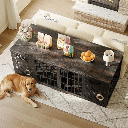HOOBRO 71" Dog Crate Furniture for 2 Large Dogs, Heavy Duty Indoor Kennel with Removable Divider & Name Tags, TV Stand Cage Furniture for Medium & Large Dogs, Charcoal Gray & Black BC84GW03