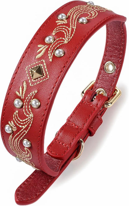 Blueberry Pet Western Leather Dog Collar - Genuine Leather with Floral Embroidery & Pearl Studs Adjustable 12-15 Inch Neck for Small Dogs