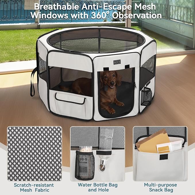 PETSFIT Portable Dog Playpen,36" Dog Play Pen Indoors with Removable Waterproof Mat & Zippered Roof | RV, Camping, Travel Dog Pen | Whelping & Cat Observation Space(36" L x 36" W x 21" H)