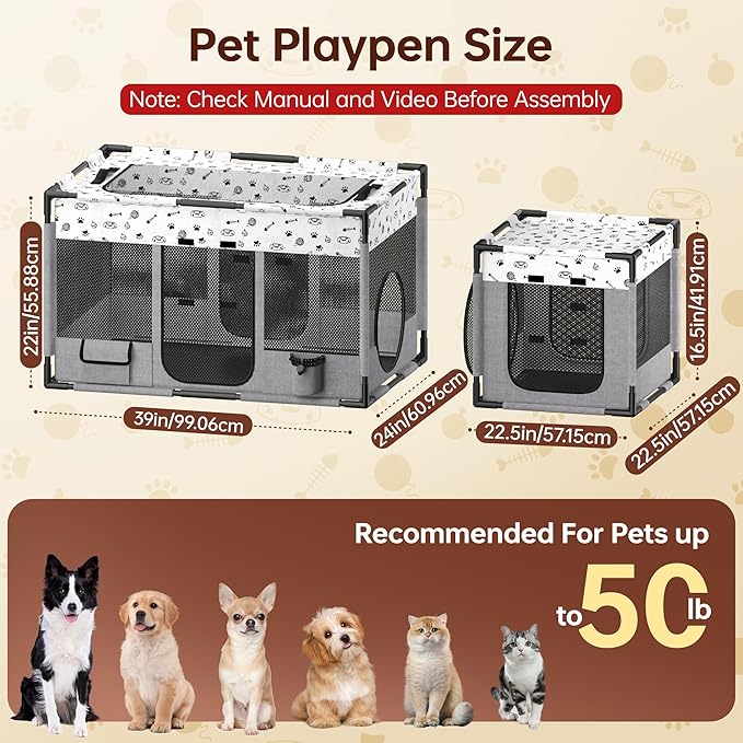 Portable Cat Playpen, Pet Dog Playpen, Kitten Puppy Play Pen for Indoor/Outdoor, Collapsible Cats Cages Enclosed Tent with Carrying Case, PVC Pipe Frame, 600D Oxford, 39" x 24" x 22"