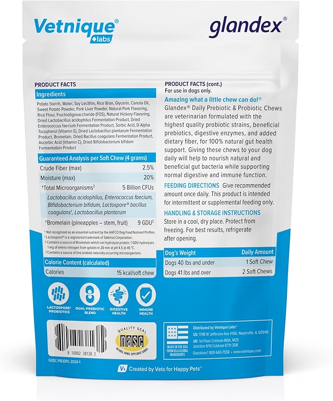 Vetnique Glandex Daily Probiotics for Dogs with Prebiotics to Support Gut Health, Diarrhea with Fiber and Digestive Enzymes, Dog Probiotic Chews or Powders (30ct Chews, Bacon Chews)