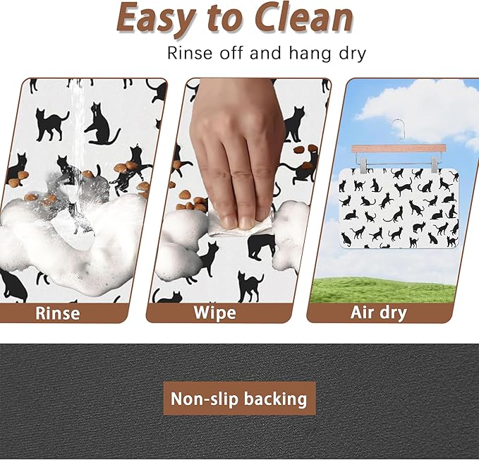 Funny Black Cat Dog Food Mat,Absorbent Pet Feeding Mat with Rubber Backing,Non-Slip Water Bowl Placemat,Indoor Pet Accessories Supplies 12"x20"
