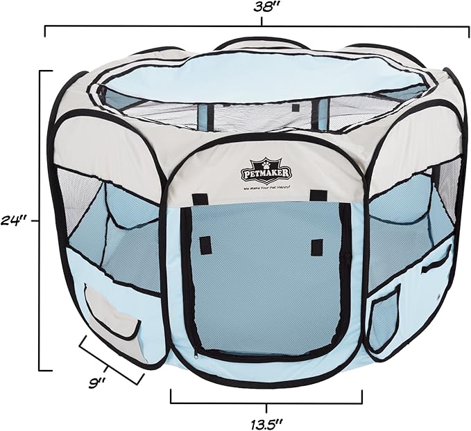 Pop-Up Pet Playpen - 38-Inch Indoor and Outdoor Dog Kennel with Carrying Bag - Portable Pet Enclosure for Dogs and Small Animals by PETMAKER (Blue)