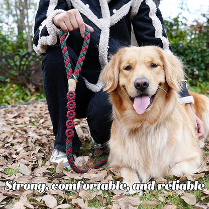 Handmade 5ft Braided Cotton Dog Leash with Unique Floral Handle, Durable and Stylish, Ideal for Small to Large Dogs, Blue & Yellow Twist (Yuletide Petals)