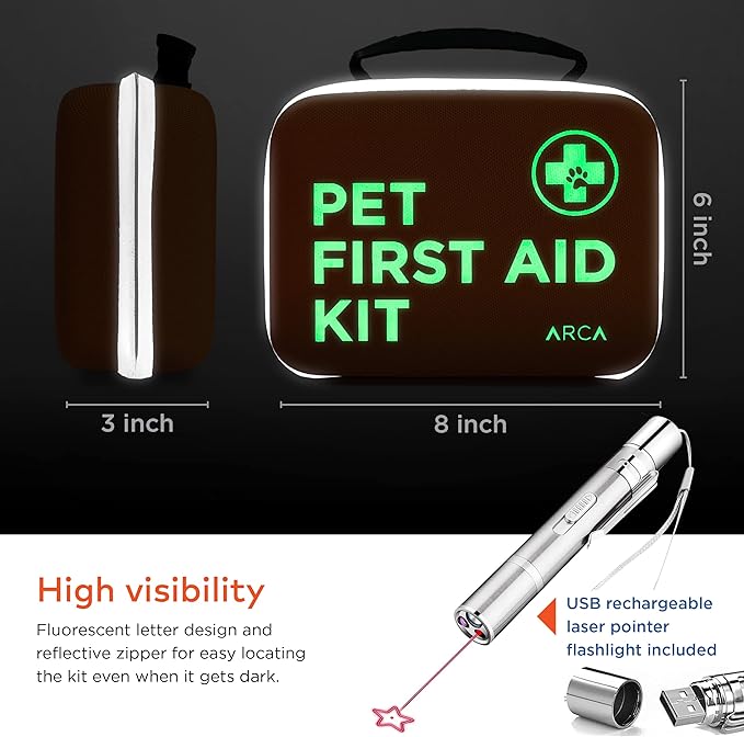 ARCA PET Cat & Dog First Aid Kit - High Visibility Reflective Zipper with Fluorescent Letter Print - 100 pcs with Dog Thermometer, Tick Remover Kit & Pet First Aid Kit Manual Book