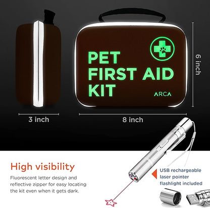 ARCA PET Cat & Dog First Aid Kit - High Visibility Reflective Zipper with Fluorescent Letter Print - 100 pcs with Dog Thermometer, Tick Remover Kit & Pet First Aid Kit Manual Book
