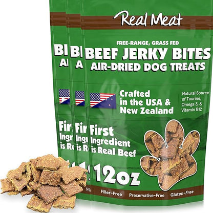 TRMC Real Meat Dog Treats - Three 12oz Bag of Bite-Sized Air-Dried Beef Jerky for Dogs - Grain-Free Jerky Pet Treats with 95% Free-Range, Grass Fed Beef - All-Natural High Protein Treats