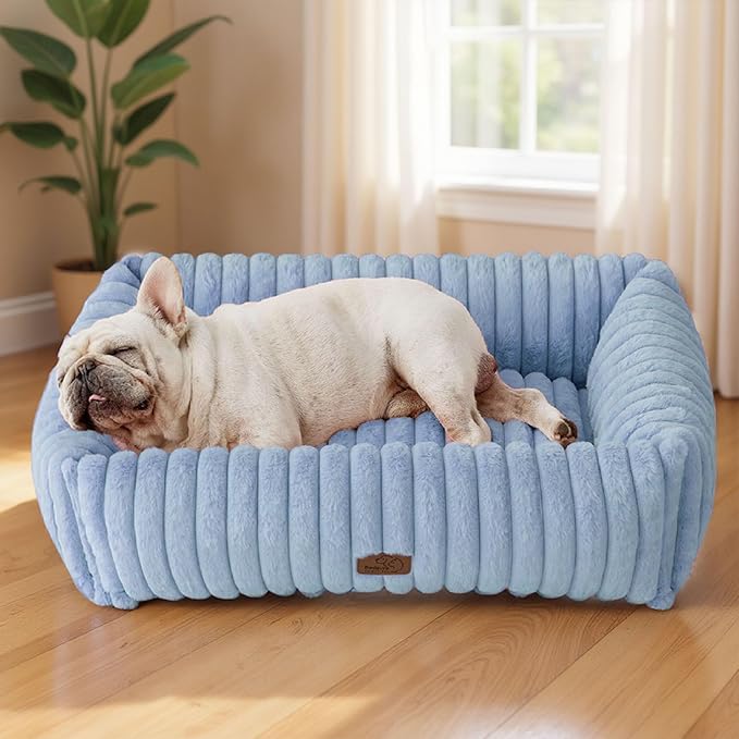 Bedsure ComfyFleece™ Washable Dog Bed for Medium Dogs - Cute Furry Puppy Beds, Rectangle Orthopedic Corduroy Fleece Pet Beds with Removable Zipper Cover, 30x24x8inches, Blue