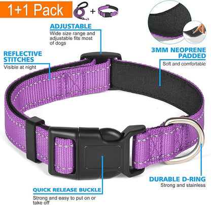 Ladoogo Reflective Dog Collar Padded with Soft Neoprene Breathable Adjustable Nylon Dog Collars for Small Medium Large Dogs (X-Small (Pack of 1), Purple Collar+Leash)