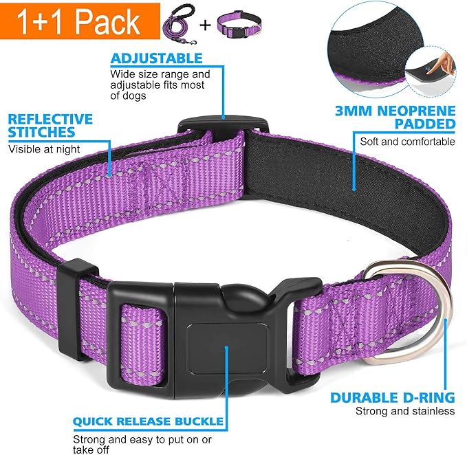 Ladoogo Reflective Dog Collar Padded with Soft Neoprene Breathable Adjustable Nylon Dog Collars for Small Medium Large Dogs (Large (Pack of 1), Purple Collar+Leash)