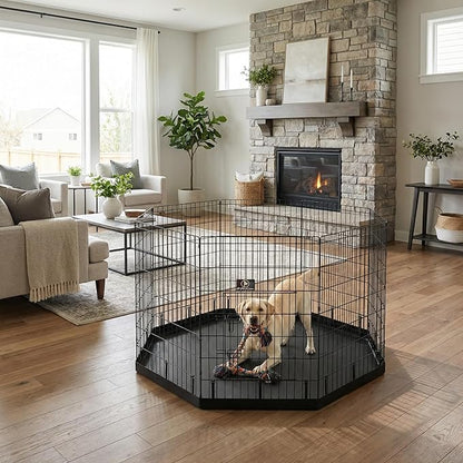 PJYuCien Dog Playpen with Bottom Pad - Metal Foldable Exercise Pen, 8 Panels 42" H x 24" W Indoor Outdoor Pet Fence Puppy Crate Kennel, Black