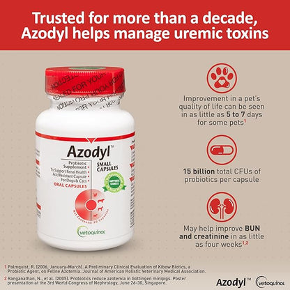 Vetoquinol Azodyl - Probiotic Supplement for Dogs & Cats - Offers Renal & Kidney Support for Pets - Easy-to-Swallow, Small Capsules - 90 Count