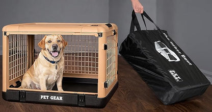 Pet Gear “The Other Door” 4 Door Steel Crate for Dogs/Cats with Garage-Style Door, Includes Plush Bed + Travel Bag, No Tools Required, Sand Dune, 36 Inch