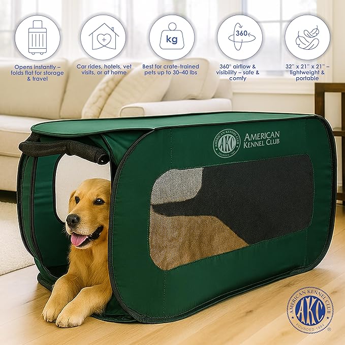 AKC 32-Inch Pop-Up Dog Kennel – Lightweight Travel Crate for Small Dogs – Foldable Indoor/Outdoor Pet Enclosure with Mesh Sides