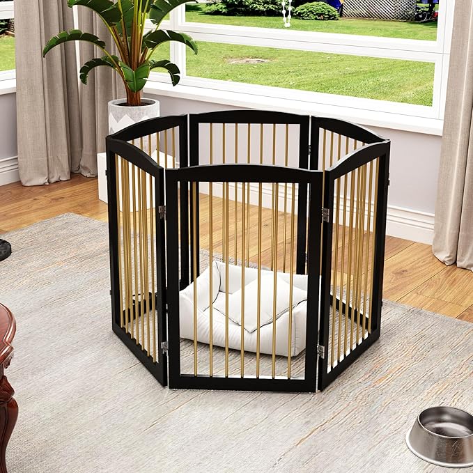 PUPETPO Freestanding Pet Gate for Dogs, Indoor Wooden Dog Gate for House, Extra Wide Foldable Dog Gate for Stair, Doorway, Hall, Support Feet Included, 120 Inch Wide, 6 Panels 32",Black&Gold