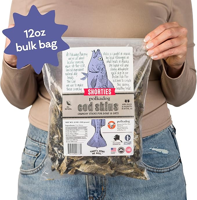 Polkadog Cod Skins for Dogs (12oz Shortie) - Single Ingredient, Wild-Caught Fish Skin Natural Dog Treat Chews. High in Lean Protein & Omega 3. Hypoallergenic, Grain Free. Handcrafted & Made in USA