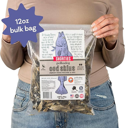 Polkadog Cod Skins for Dogs (12oz Shortie) - Single Ingredient, Wild-Caught Fish Skin Natural Dog Treat Chews. High in Lean Protein & Omega 3. Hypoallergenic, Grain Free. Handcrafted & Made in USA