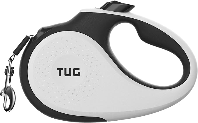 TUG Tiny 360° Tangle-Free Retractable Dog Leash with Anti-Slip Handle | 10 ft Nylon Tape| One-Handed Brake, Pause, Lock (White)