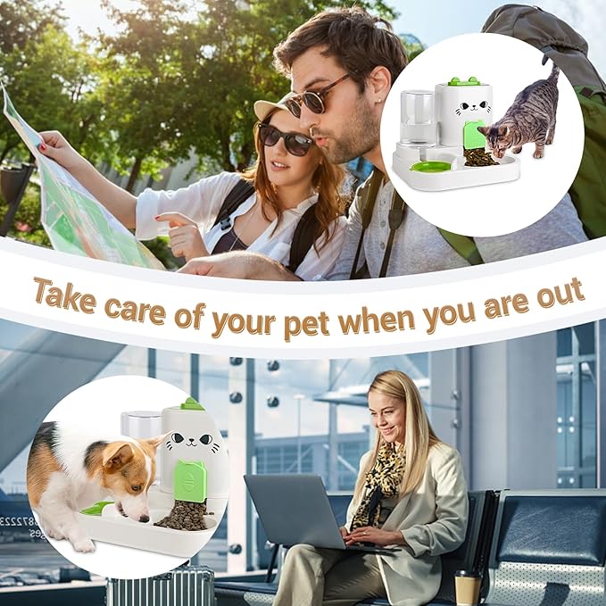 2-in-1 Gravity Pet Feeder & Water Dispenser for Cats Dogs - Large Capacity Cat Food Station with Water Bowl, Travel-Friendly (Green)