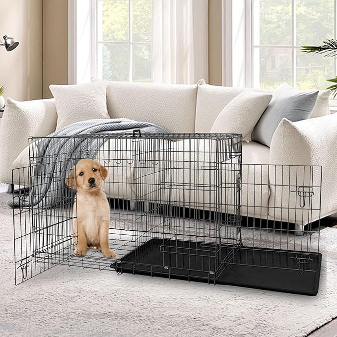 Dog Crate, 24/30/36/42/48 Inch Dog Crates for Small Medium Large Dogs Indoor, Folding Metal Dog Kennel Dog Cage with Double-Door, Divider Panel, Removable Tray, Locks and Handle, (30 Inch, Black)