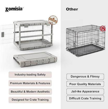 ZOMISIA Collapsible Dog Crate for Dogs - 28" L Heavy Duty Dog Kennel No Tools Required with 4 Sides Steel Foldable Cage for Dogs Indoor Furniture, Portable Carrier with 2 Smooth Wheels, Beige