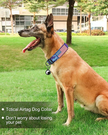 Hotsky Tactical Dog Collar, Adjustable Military Training Nylon Airtag Collar with Handle and Heavy Duty Metal Buckle for Medium Large Dogs, with Airtag Holder and Two Patches（Purple Camo,L）