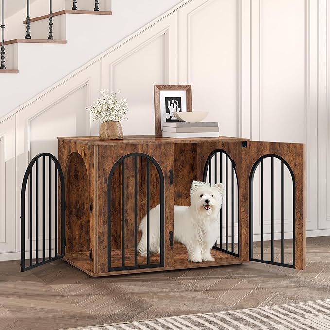 Hzuaneri 31.5'' Wooden Dog Crate Furniture, Indoor Dog Kennel Dogs Cage for Small/Medium Dogs, Heavy Duty Dog Crates Decorative Pet House End Side Table TV Stand, Rustic Brown DFC85101B