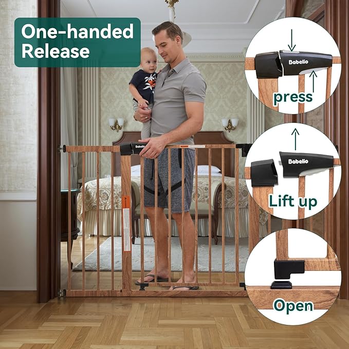 Babelio Metal Auto Close Baby Gate PressGuard P7, 29"-55" Wide Extra Wide Pet Gate for The House and Doorways, Pressure Mounted Walk Thru Child Gate with Door, Brown Wood Pattern