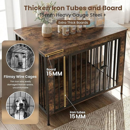 Dog Crate Furniture Heavy Duty for Large Dog, Sturdy Indoor Kennel Table with Dual Doors, Elevated Robot Vacuum Friendly Base, Decorative Cage TV Stand & End Table, Rustic Brown