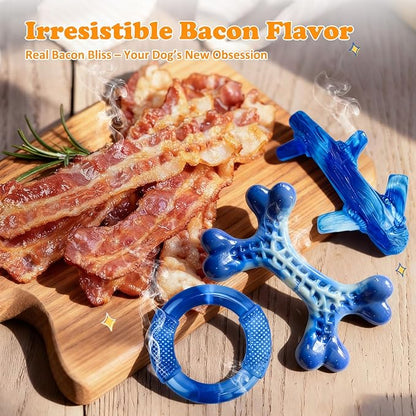 Furdog Indestructible Dog Toys for Aggressive Chewers 3 Pack, Tough Dog Toys for Large Dogs Chew Toys Keep Them Busy, Bacon Flavor, Blue